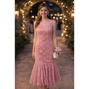 80s Pink Floral Lace Drop Waist Mermaid Sleeveless Formal Tea Length Dress Midi